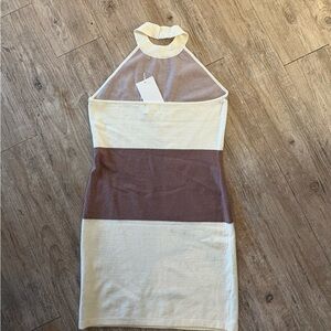 ANDREE BY UNIT Cream and Brown Mock Neck Dress